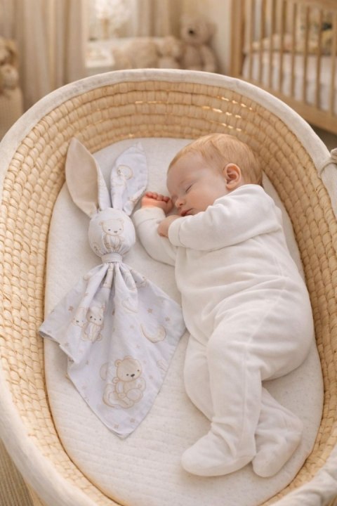 Miękka przytulanka DOUDOU kocyk króliczek z bawełny - Beżowy miś na tęczy / beż