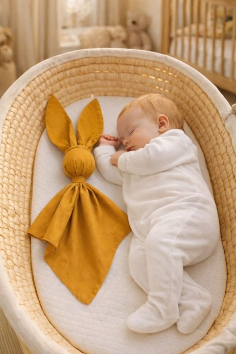 Miękka przytulanka DOUDOU kocyk króliczek z bawełny - Musztarda