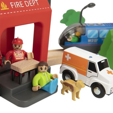 Tooky Toy Drewniana Kolejka Elektryczna Straż Pożarna Efekty Dźwiękowe 70 el. FSC