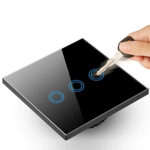 Dotykowy włącznik światła Maclean, Potrójny, Szklany, Czarny z okrągłym podświetleniem przycisku, 86x86mm, MCE705B