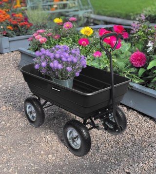 Wózek transportowy ogrodowy taczka wywrotka przyczepka rączka skrętne koła, czarny
