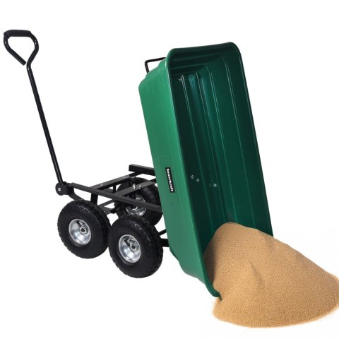 Wózek transportowy ogrodowy taczka wywrotka przyczepka rączka skrętne koła, zielony