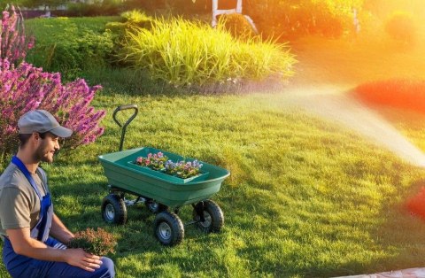 Wózek transportowy ogrodowy taczka wywrotka przyczepka rączka skrętne koła, zielony