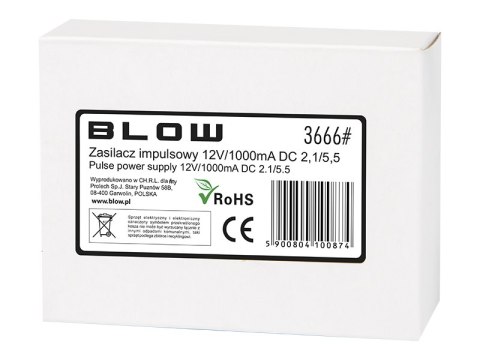 3666# Zasilacz impulsowy 12v/1000ma dc 2.1/5.5 (+) do kamer