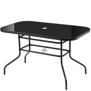 Duży szklany stół ogrodowy na taras balkon 120x70 czarny otwór na parasol