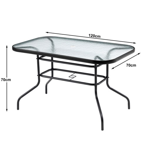 Duży szklany stół ogrodowy na taras balkon 120x70 transparentny otwór na parasol