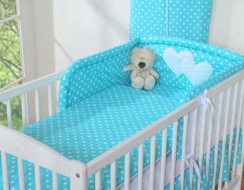Ochraniacz do łóżeczka na szczebelki uniwersalny - Serduszka białe grochy na turkusie