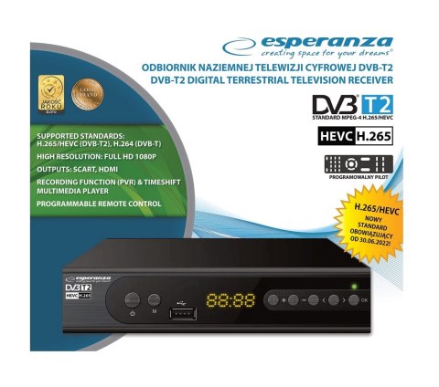 EV106P Esperanza tuner/dekoder cyfrowy dvb-t2 h.265/hevc ev106p