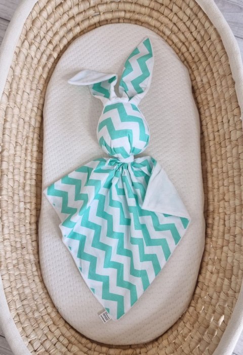 Zając przytulanka DOUDOU dwustronna bawełna i minky - Chevron miętowy - biały