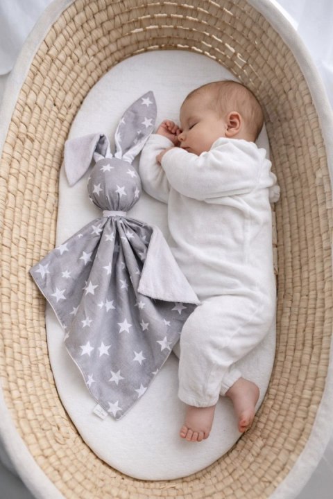 Zając przytulanka DOUDOU dwustronna bawełna i minky - Gwiazdki szare - biały