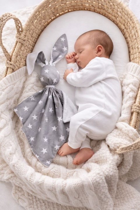 Zając przytulanka DOUDOU dwustronna bawełna i minky - Gwiazdki szare - biały