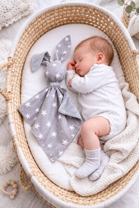 Zając przytulanka DOUDOU dwustronna bawełna i minky - Gwiazdki szare - szary