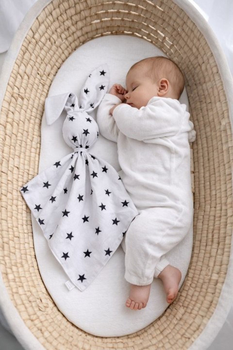 Zając przytulanka DOUDOU dwustronna bawełna i minky - Gwiazdki czarne - biały