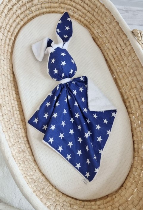 Zając przytulanka DOUDOU dwustronna bawełna i minky - Gwiazdki granatowe - biały