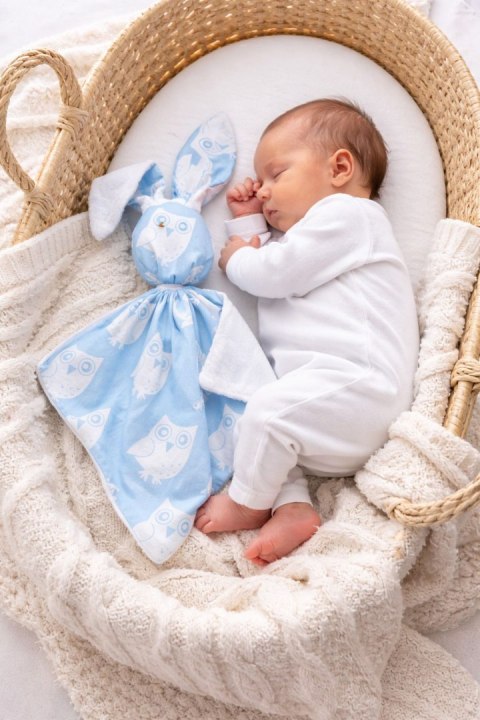 Zając przytulanka DOUDOU dwustronna bawełna i minky - Sowy niebieskie - biały