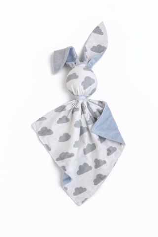 Zając przytulanka DOUDOU dwustronna bawełna i minky - Chmurki szare - niebieski