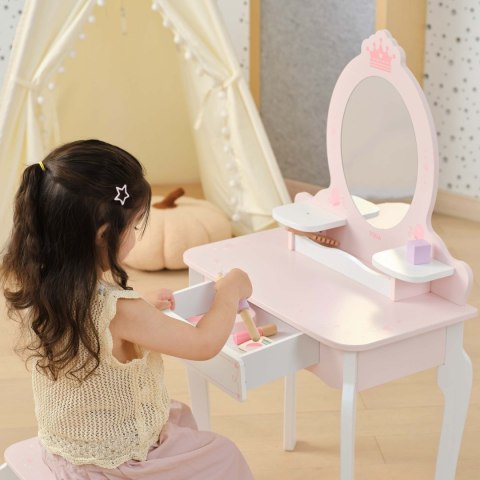 VIGA Duża Toaletka Drewniana Biało-Różowa z Lustrem i Krzesełkiem