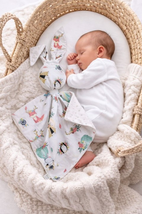 Zając przytulanka DOUDOU dwustronna bawełna i minky - Beżowe liski - biały