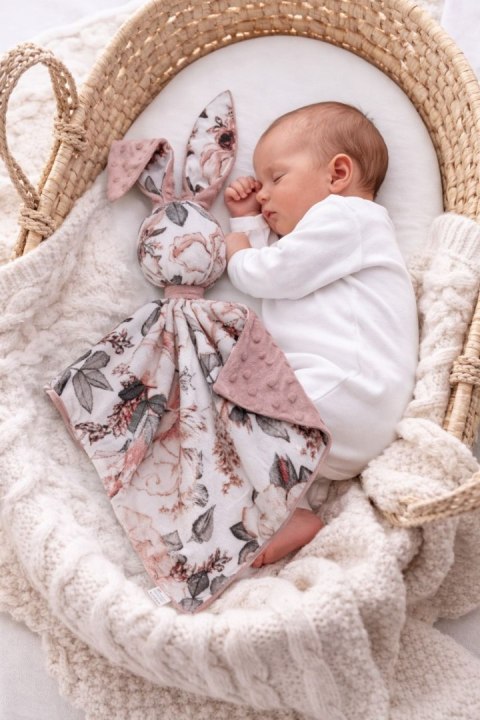 Zając przytulanka DOUDOU dwustronna bawełna i minky - Róże sepia - brudny róż