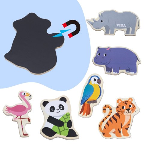 VIGA Drewniane Magnesy Dzikie Zwierzęta - Kolorowe Magnesy Edukacyjne 18M+