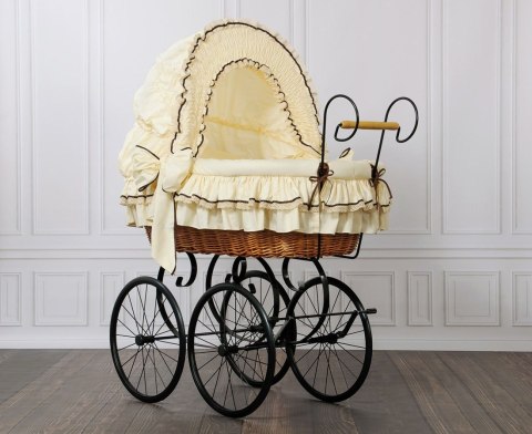 Wiklinowy kosz Mojżesza Retro ze składaną budką Emma - naturalny + kremowa pościel z koronką
