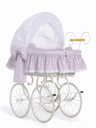 Wiklinowy kosz Mojżesza Retro ze składaną budką Jasmine - biały + różowa pościel z koronką