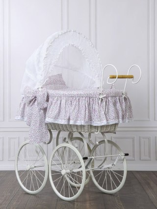Wiklinowy kosz Mojżesza Retro ze składaną budką Jasmine - biały + różowa pościel z koronką