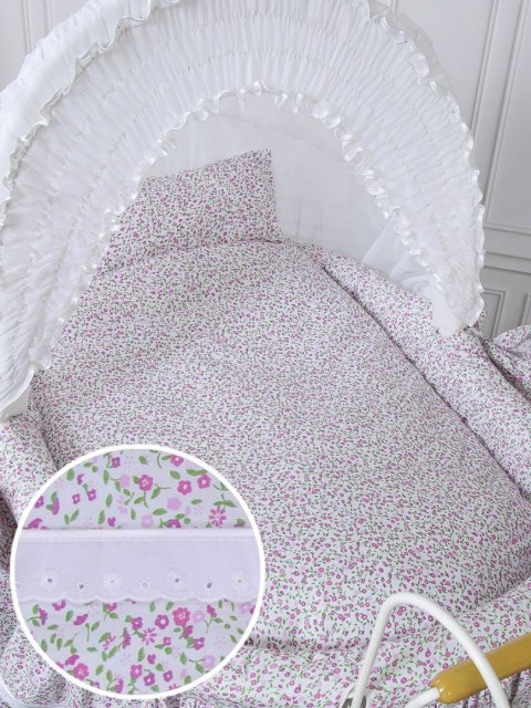 Wiklinowy kosz Mojżesza Retro ze składaną budką Jasmine - biały + różowa pościel z koronką