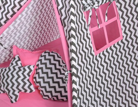 Namiot TIPI dla dzieci + mata + poduszki + zawieszki pióra - Chevron czarny/ciemny róż