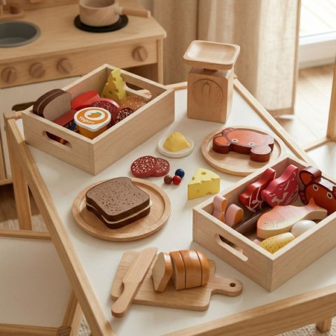 VIGA Drewniany Zestaw Artykułów Spożywczych w Skrzynkach Śniadanie Ryby Mięso Nabiał