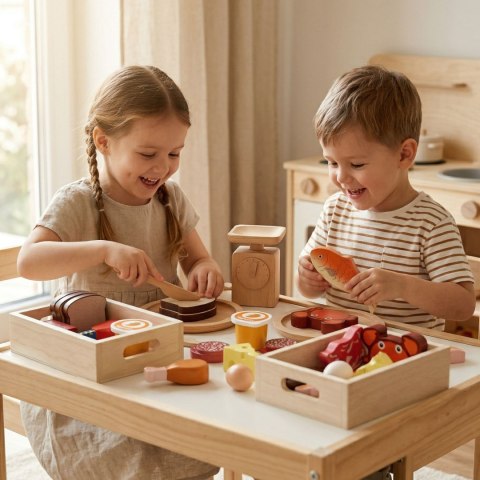 VIGA Drewniany Zestaw Artykułów Spożywczych w Skrzynkach Śniadanie Ryby Mięso Nabiał