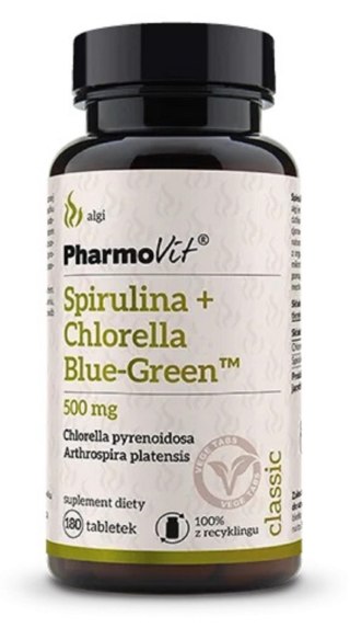 SPIRULINA + CHLORELLA BLUE-GREEN BEZGLUTENOWA 180 TABLETEK - PHARMOVIT (CLASSIC)
