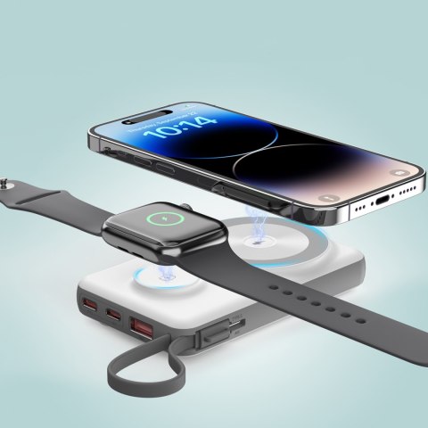 Power bank 10000mAh LED USB-C USB-A Lightning MagSafe Apple Watch - biały