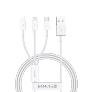 3w1 Kabel przewód Superior Series USB-A - USB-C / iPhone Lightning / micro USB 3.5A 0.5m - biały