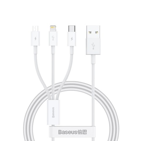 3w1 Kabel przewód Superior Series USB-A - USB-C / iPhone Lightning / micro USB 3.5A 0.5m - biały