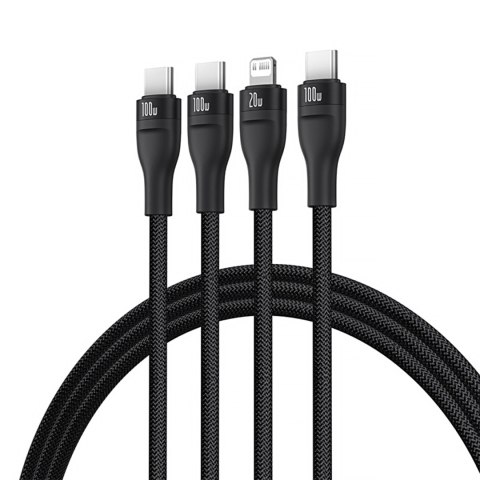 3w1 Kabel przewód Flash Series 3 100W USB-C - 2x USB-C iPhone Lightning 1.5m - czarny
