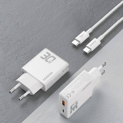 Ładowarka sieciowa GaN 30W USB-A - USB-C z kablem USB-C - biała
