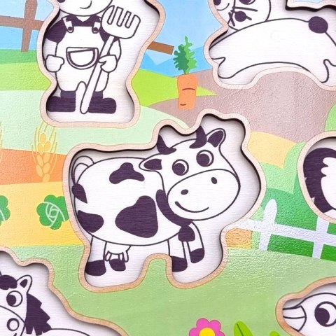 WOOPIE GREEN Drewniane Puzzle Montessori Farma z Pinezkami Do Dopasowania
