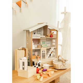CLASSIC WORLD Duży Drewniany Domek dla Lalek 2 Figurki NATURALNE DREWNO 28 el.