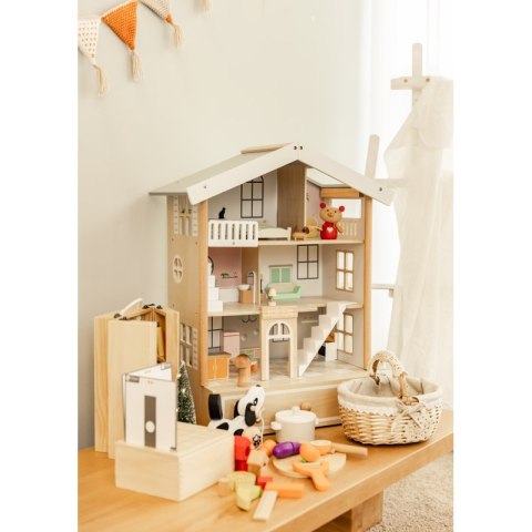 CLASSIC WORLD Duży Drewniany Domek dla Lalek 2 Figurki NATURALNE DREWNO 28 el.