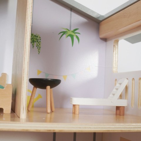 CLASSIC WORLD Duży Drewniany Domek dla Lalek 2 Figurki NATURALNE DREWNO 28 el.