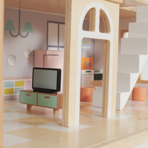 CLASSIC WORLD Duży Drewniany Domek dla Lalek 2 Figurki NATURALNE DREWNO 28 el.