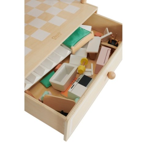 CLASSIC WORLD Duży Drewniany Domek dla Lalek 2 Figurki NATURALNE DREWNO 28 el.