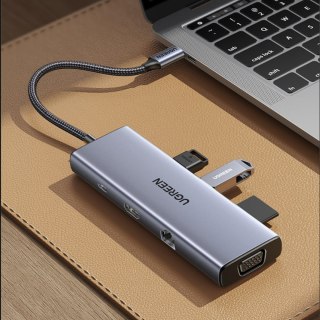 HUB Adapter USB-C - 3x USB-A 3.0 / HDMI / VGA / RJ45 / czytnik kart SD / TF / USB-C PD - szary