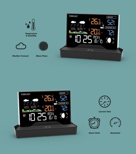 Podświetlana bezprzewodowa stacja pogodowa termometr barometr zegar budzik fazy księżyca kalendarz czarna