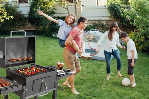 Duży grill węglowy ogrodowy ruszt z pokrywą popielnik termometr otwieracz