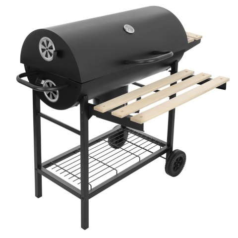 Duży zamykany grill węglowy ogrodowy na kółkach z półkami i paleniskiem