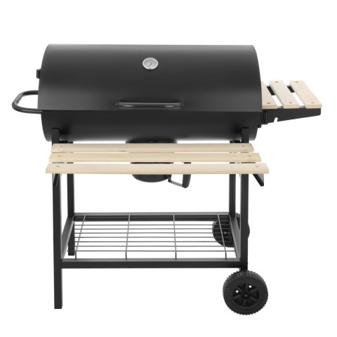 Duży zamykany grill węglowy ogrodowy na kółkach z półkami i paleniskiem