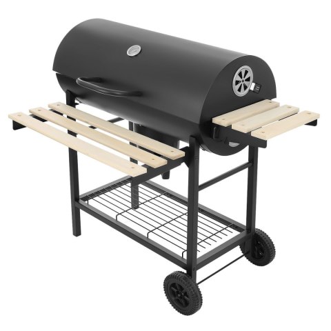 Duży zamykany grill węglowy ogrodowy na kółkach z półkami i paleniskiem