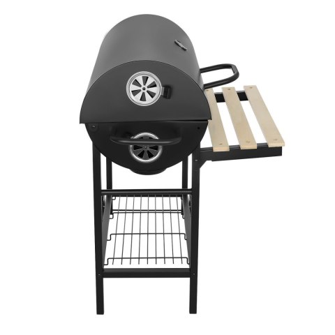 Duży zamykany grill węglowy ogrodowy na kółkach z półkami i paleniskiem
